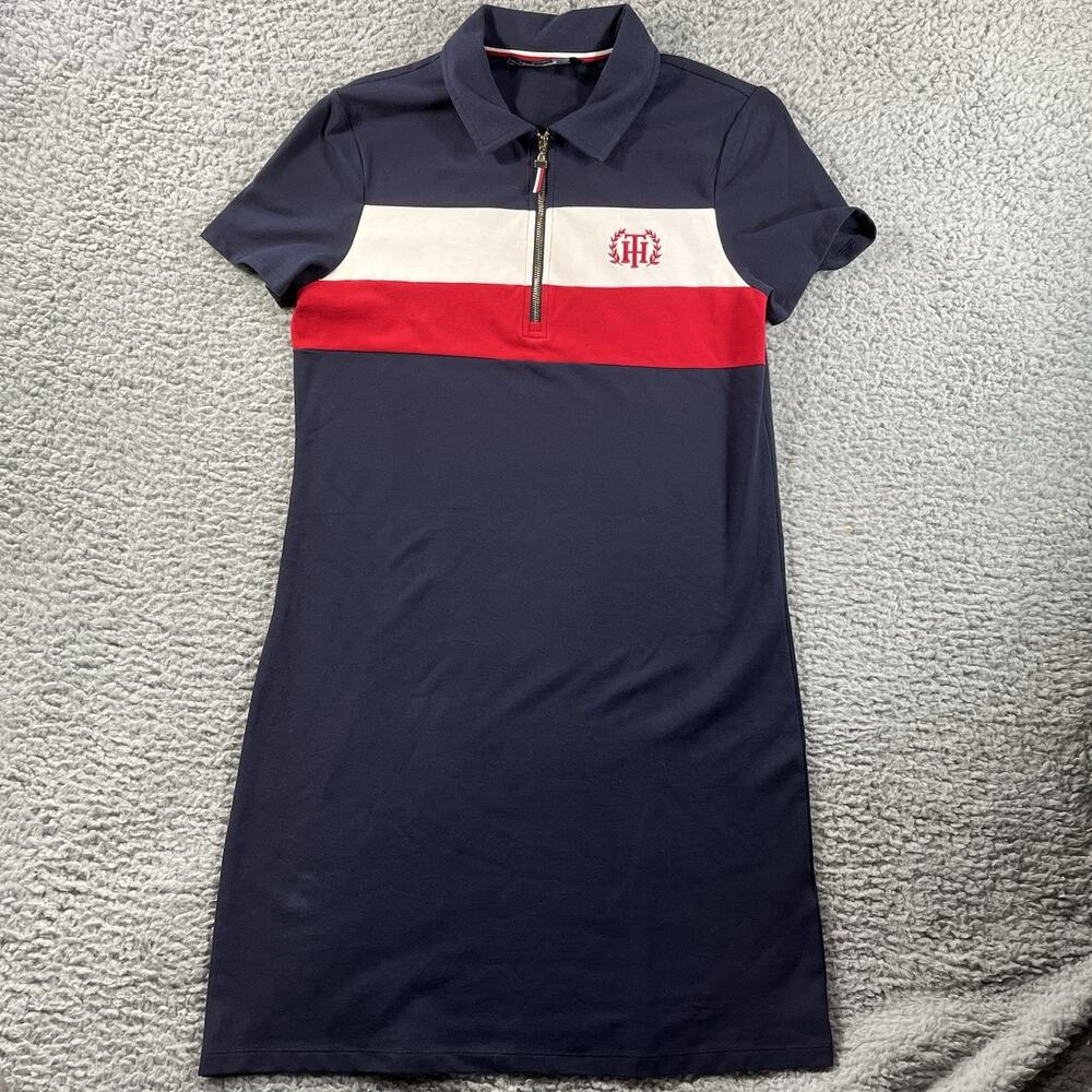 Tommy Hilfiger Women's Small S/P Navy Blue Red White Zip Polo Dress Crest Logo